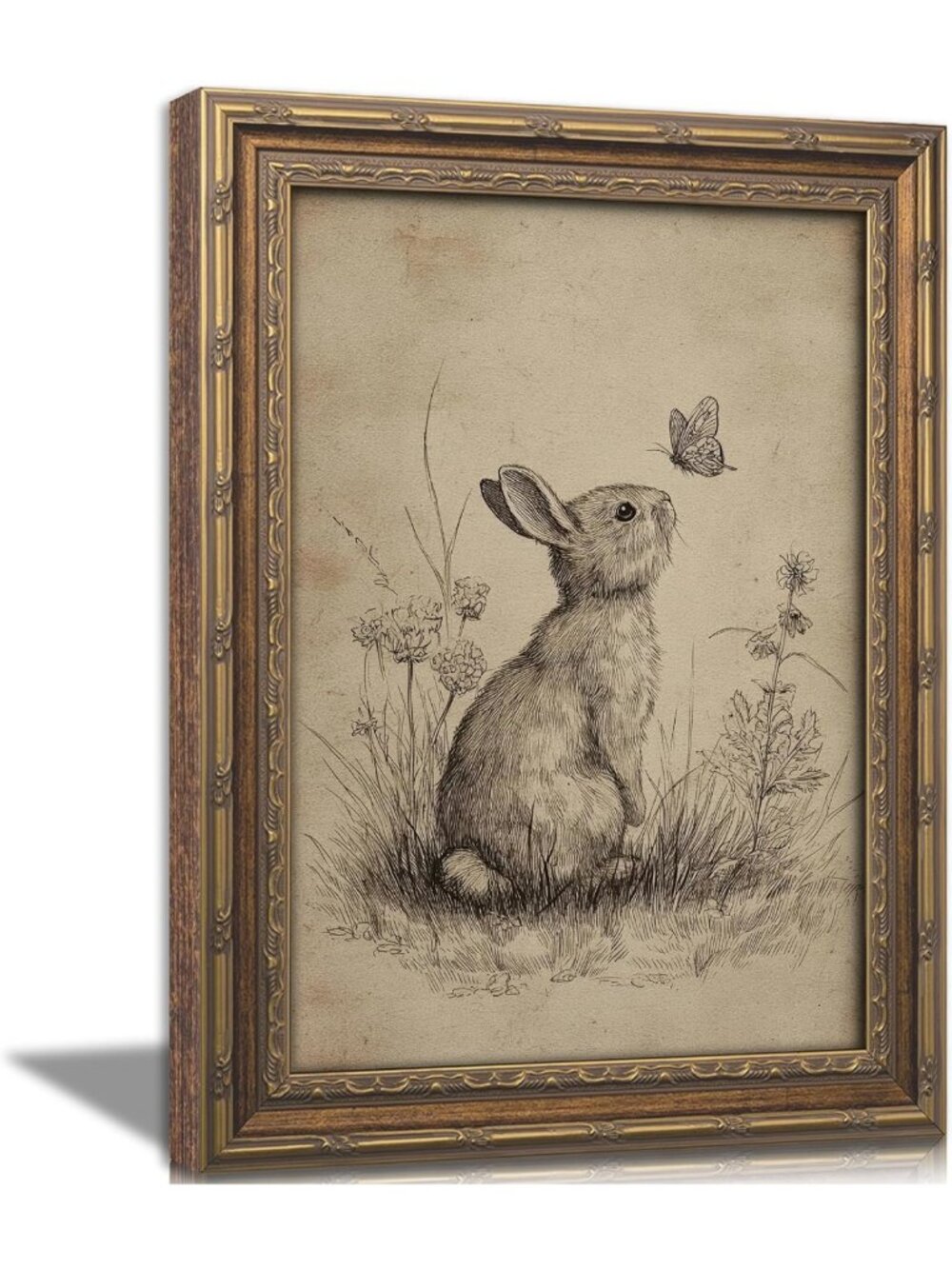 Vintage Gold Framed Bunny & Butterfly Wall Art - Rustic Easter Canvas Print for